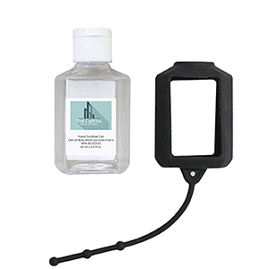 PP0015
	-60 ML. (2 FL. OZ.) HAND SANITIZER WITH SILICONE HOLDER
	-Clear/White Bottle Black holder